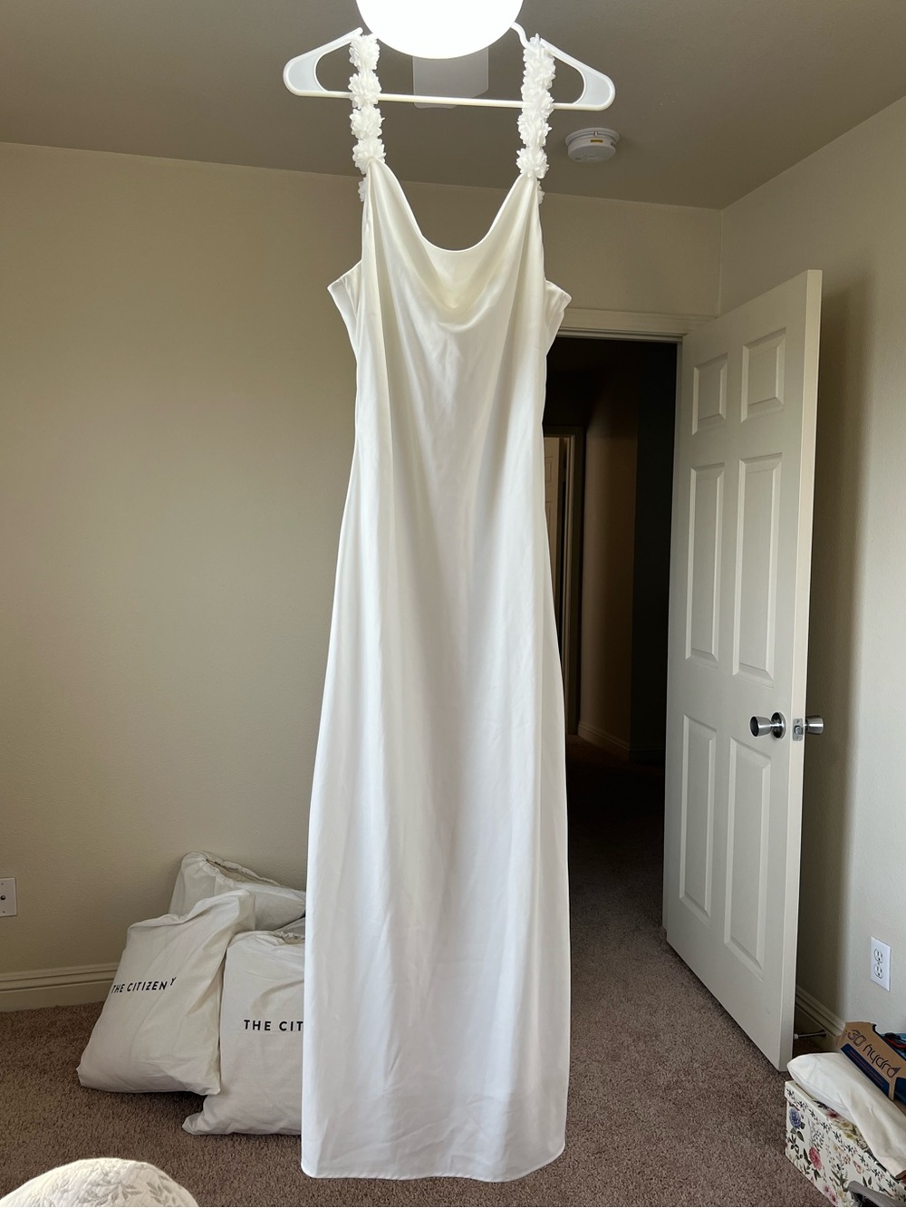 White Cowl Neck Maxi Dress with Floral-Strap Detail